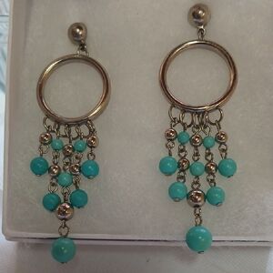 Elegant Silver Tone and Turquoise Plastic Dangle Earrings